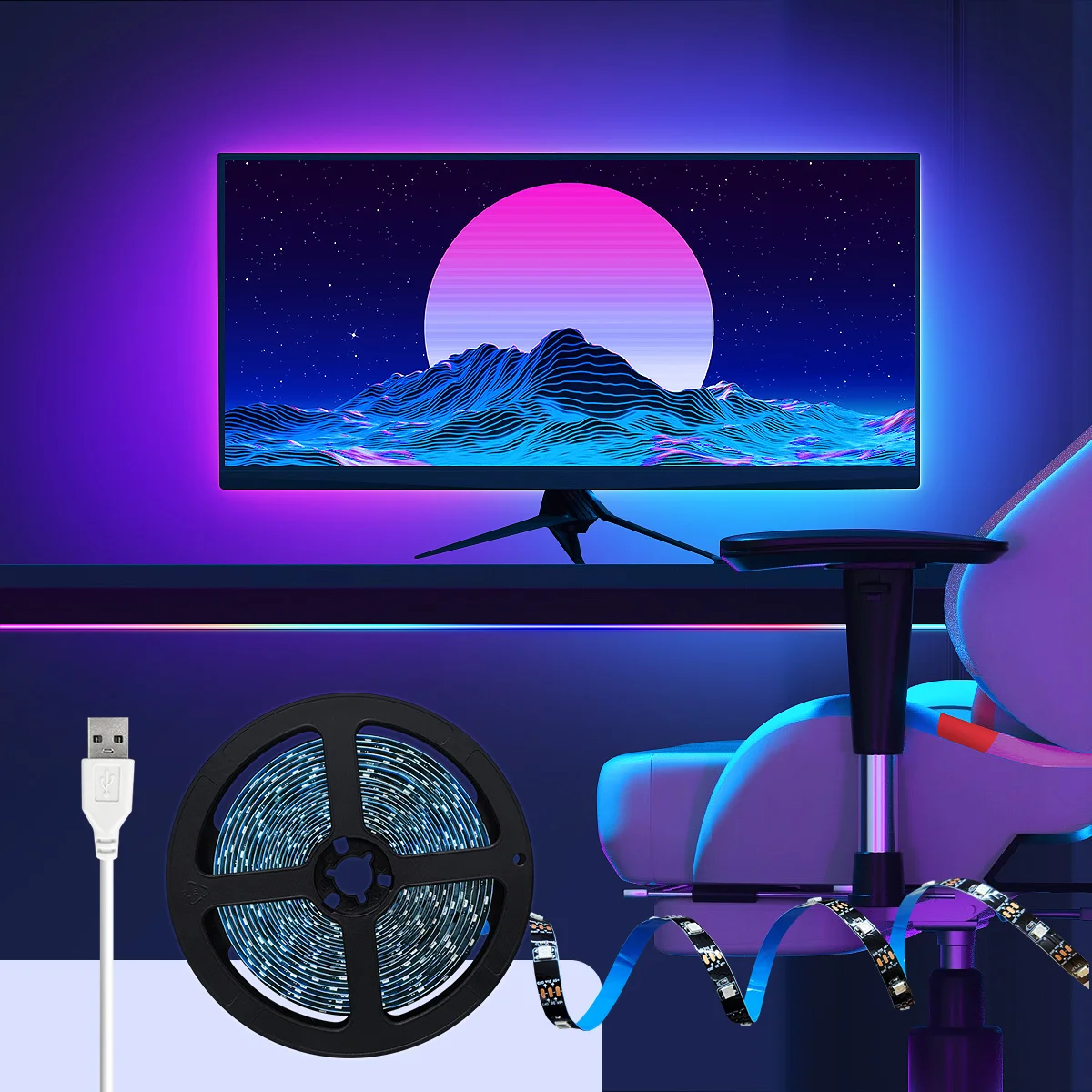 Fita De Led Rgb Para Fundo De Pc (2m, 60 Leds), Com Sincronização Usb, Compatível Com Windows.