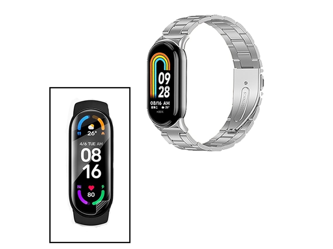 Kit Bracelete Aço Stainless Lux Ferramenta Película Protectora Ecrã Gel Full Cover para Xiaomi Mi Band 8 Cinza