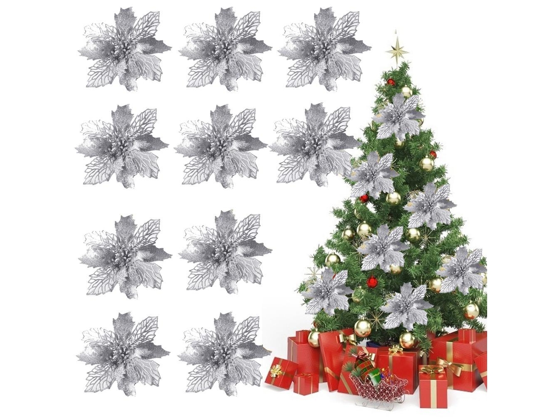 Flores Artificiais de Poinsettia com Glitter Natal 10pcs S/MARCA