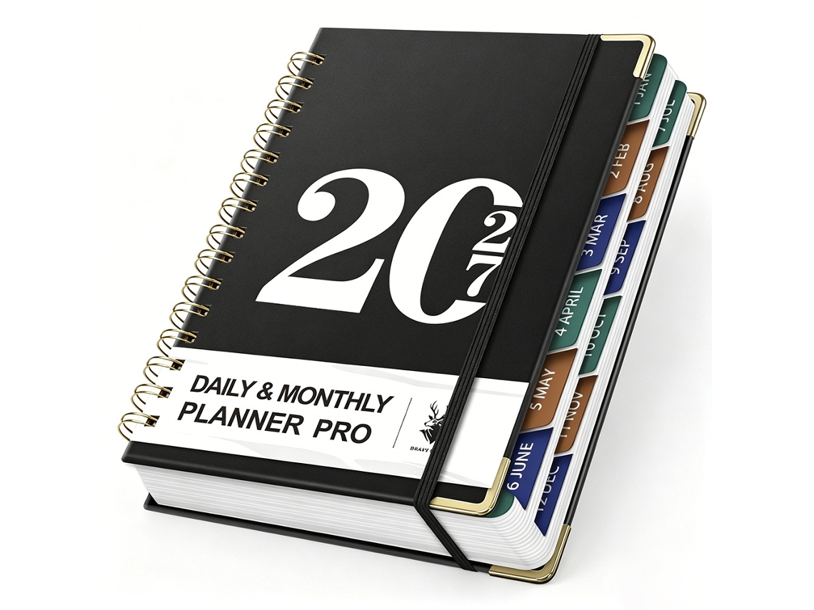 2027-leather A5 Daily Planner – Big Label, Spiral Bound Cut Edge Notebook, Black, 160-sheets