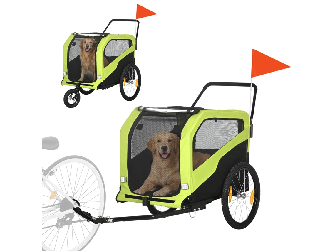 Trailer 2 em 1 Cães, Função Deslizante, 2 Entradas, Janela de Malha, Proteção Solar, Estrutura de Aço, Verde, 170 X 77 X 90 Cm