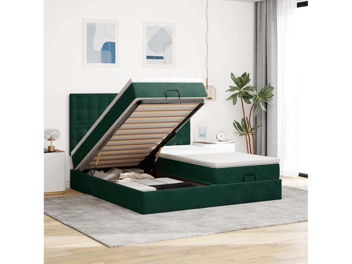 Vidaxl Estrutura de Cama Otomana com Colchão Verde Escuro Veludo