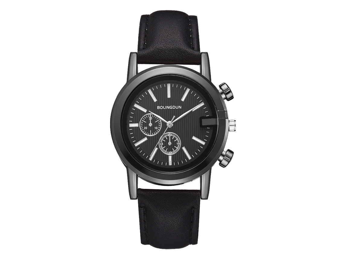Reloj De Cuarzo Unisex Con Correa De Cuero Pu, Dial Redondo, Tres Zonas Horarias, Negro Grande