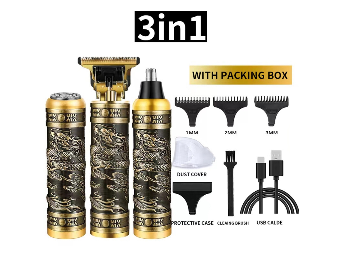 Aparador De Barba 3 Em 1 Estilo Dragão Chinês - Usb Recarregável Kit Profissional Com 3 Pentes Guia E Design De Relevo