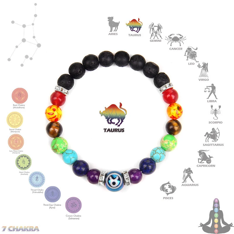 Pulseira Dos Sete Chakras (touro) Com Contas De Pedra Natural, Pulseira Dos Doze Signos Do Zodíaco, Cura Com Cristais Reiki