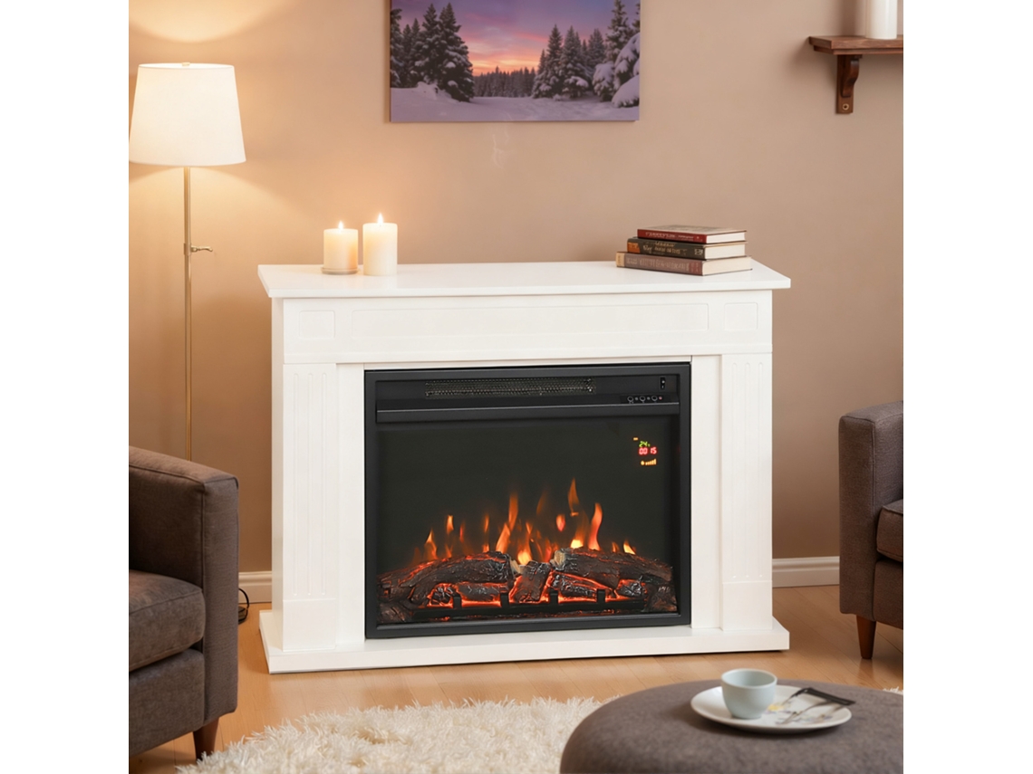 Lareira elétrica com chama de 5 níveis de brilho, controle remoto e temporizador, 98 x 23,5 x 69,5 cm, preta e branca.