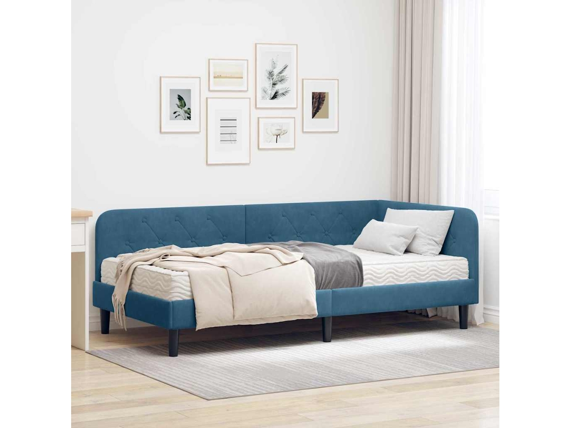 Vidaxl Estrutura De Cama De Canto Azul 90 X 200 Cm Veludo