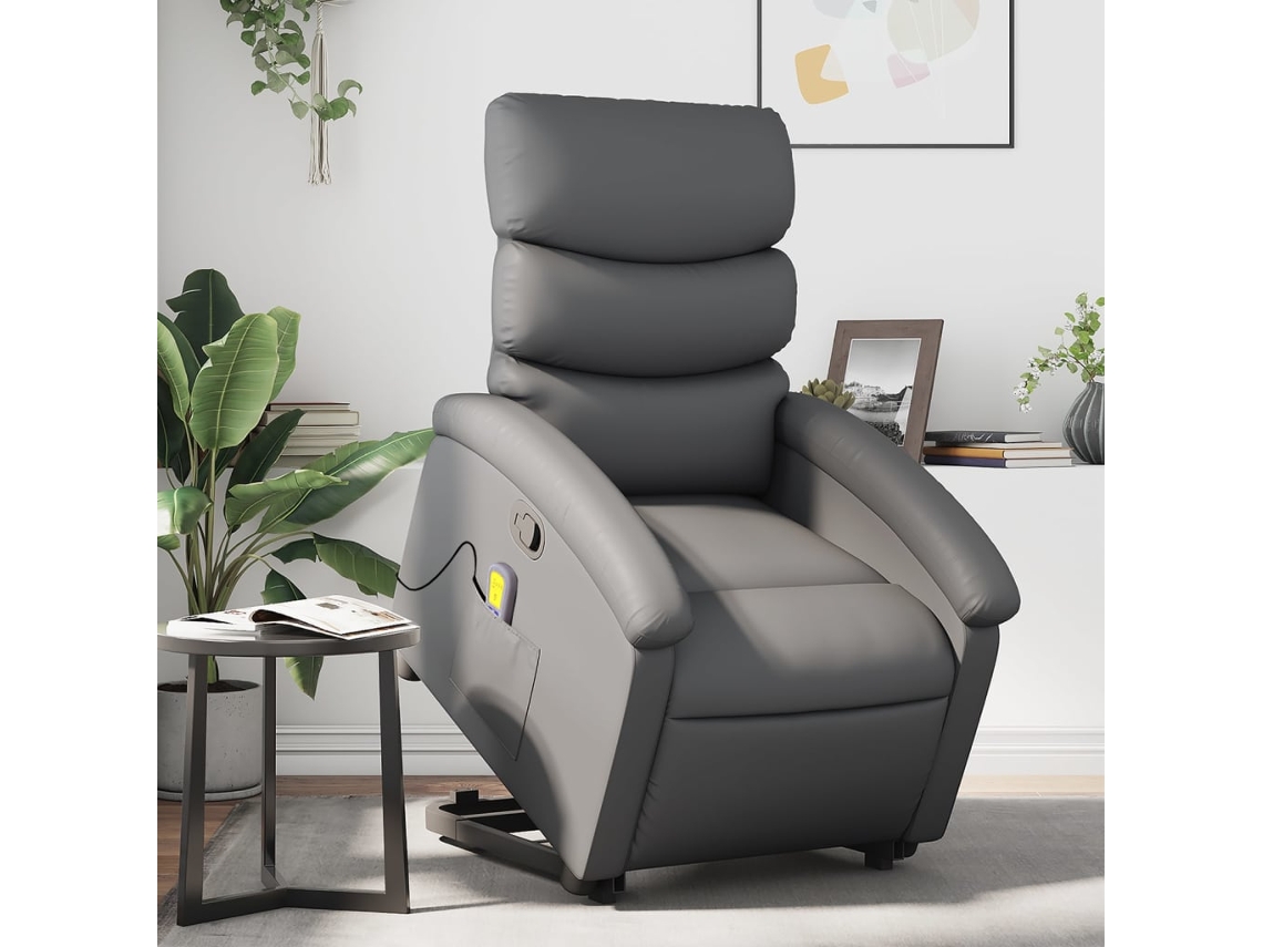 Poltrona massagens reclinável elevatória couro artif. cinzento
