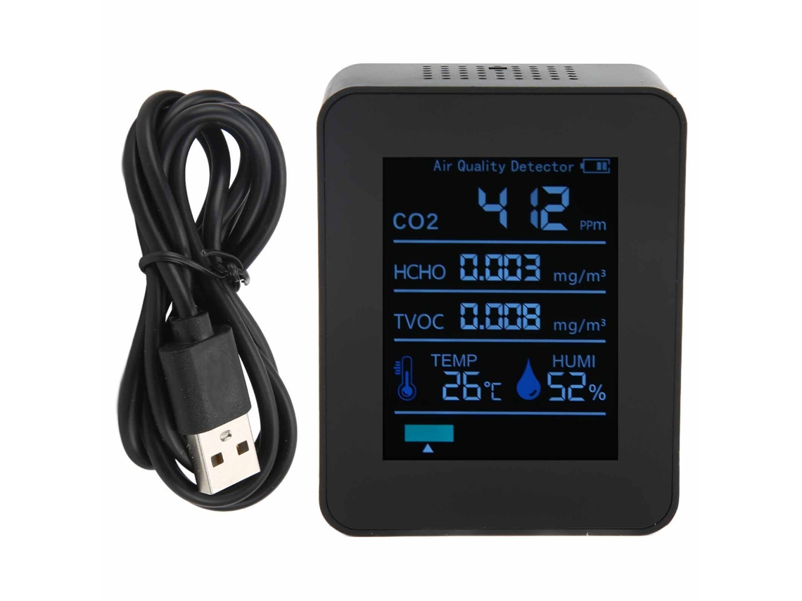 Detector De Qualidade Do Ar Bluetooth 5 Em 1 Com Co2 Temp Umidade Preto