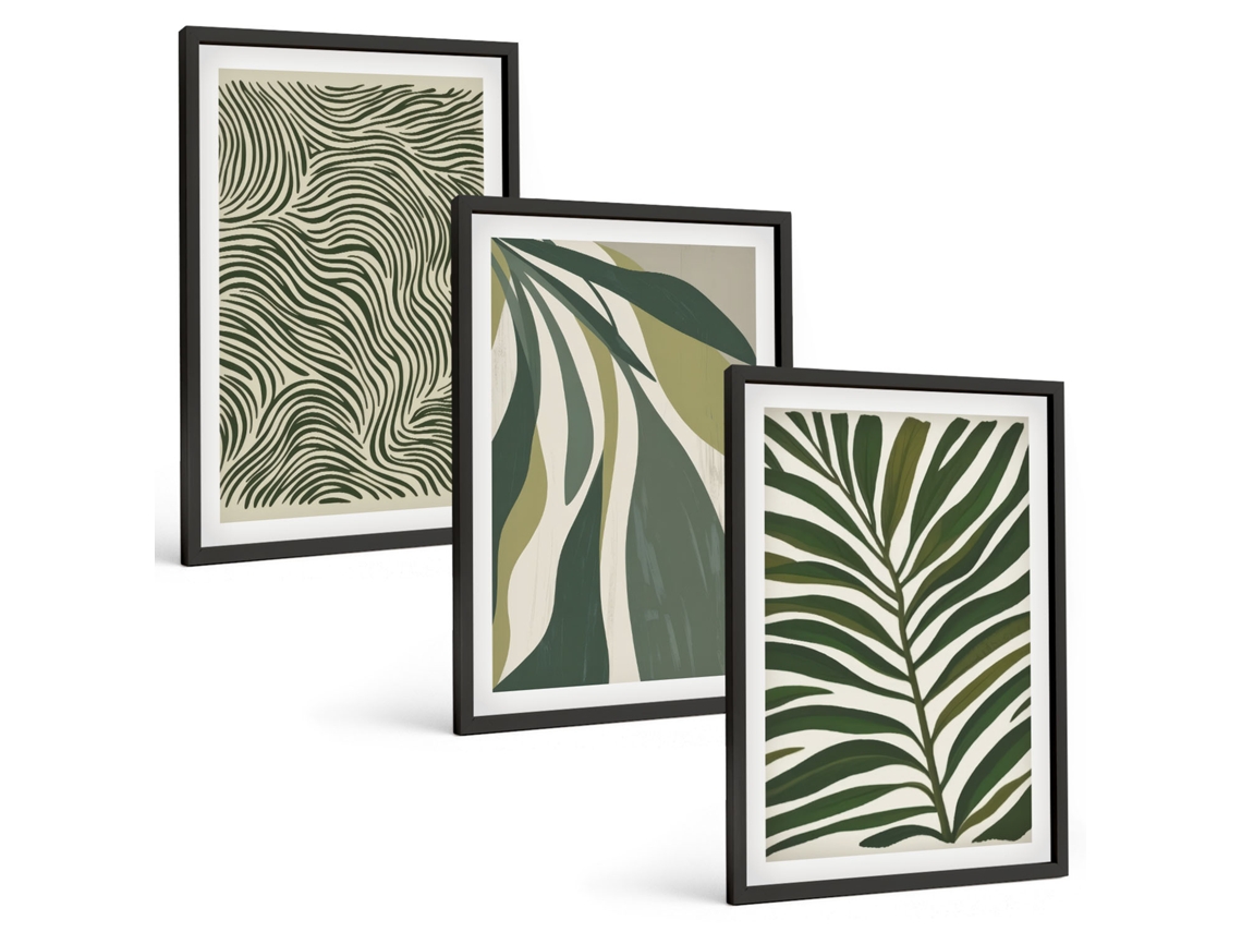 Composição De Quadros Folhas Com Linhas Onduladas Em Verde Moldura Preta Imagens Para Um Quarto Infantil Espelharte (3 Piezas De 40x60 Cm)
