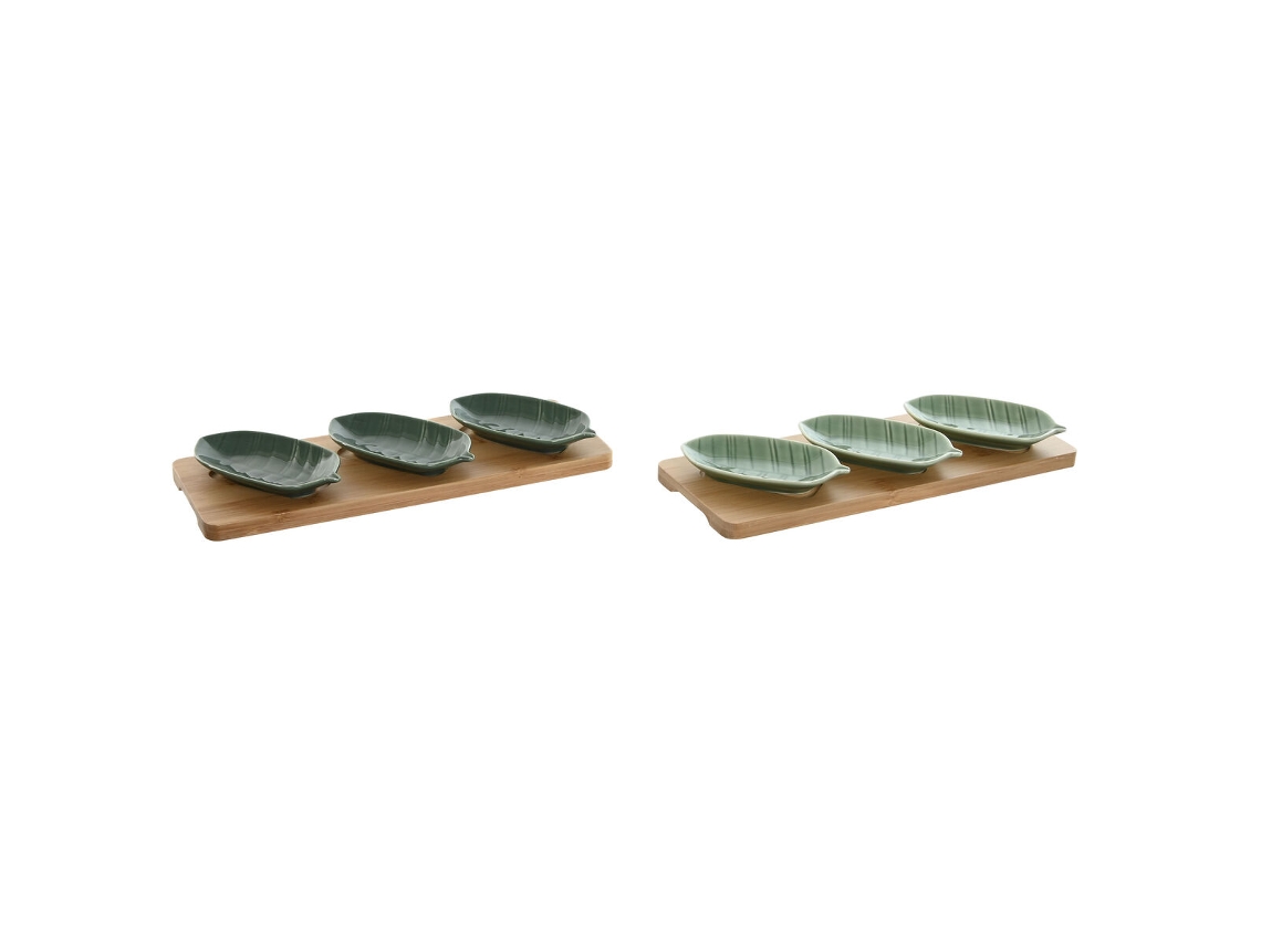 Conjunto para Aperitivos HOME ESPRIT Verde Verde-Escuro Bambu Porcelana Tropical 4 Peças 28 4 X 10 5 X 3 Cm 2 Unidades