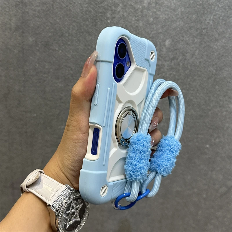 Capa De Celular De Silicone Macio Ao Toque, Resistente A Impactos, Com Cordão (azul Gelo) Para Iphone 16 Pro Max.