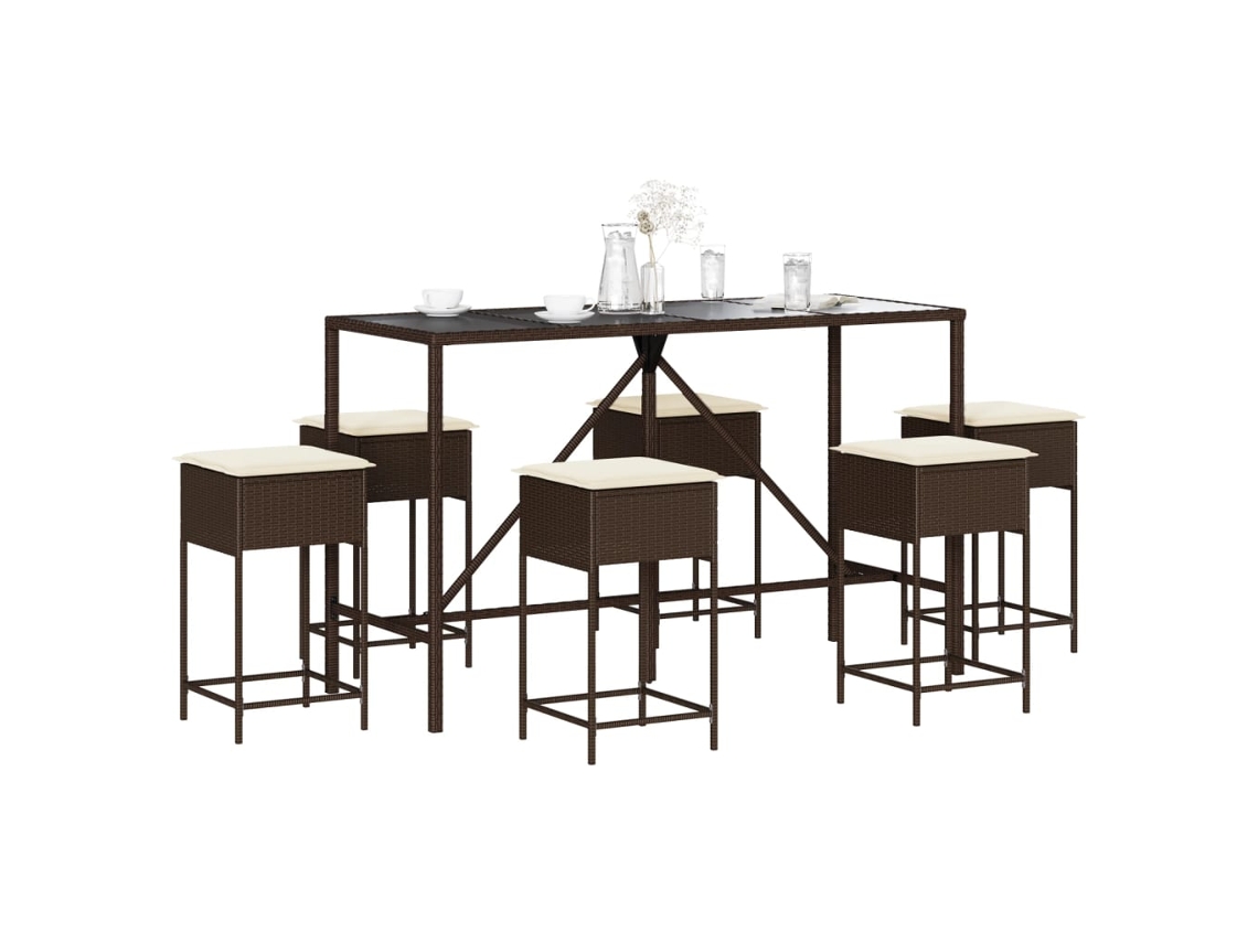 Vidaxl 7 Pcs Conjunto de Bar P/ Jardim C/ Almofadões Vime Pe Castanho