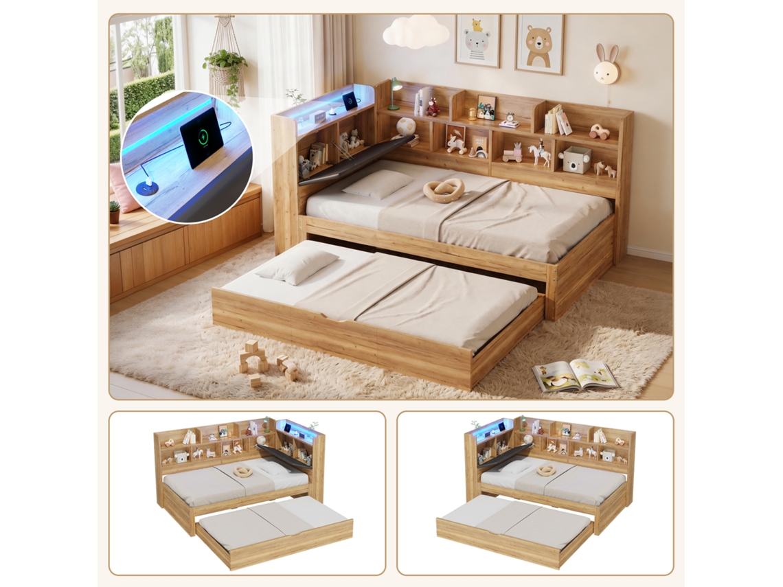 Cama Infantil Com Gavetas 90x200, Led E Usb, Cama Auxiliar 90x190, Beliche Em L, Dia A Dia Com Prateleiras, Cor Natural.