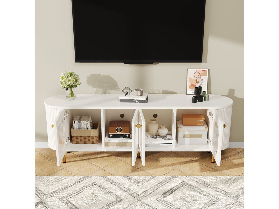 Móvel de TV baixo com portas de vidro, móvel prático com puxadores e pés dourados, branco e dourado, Mobrio