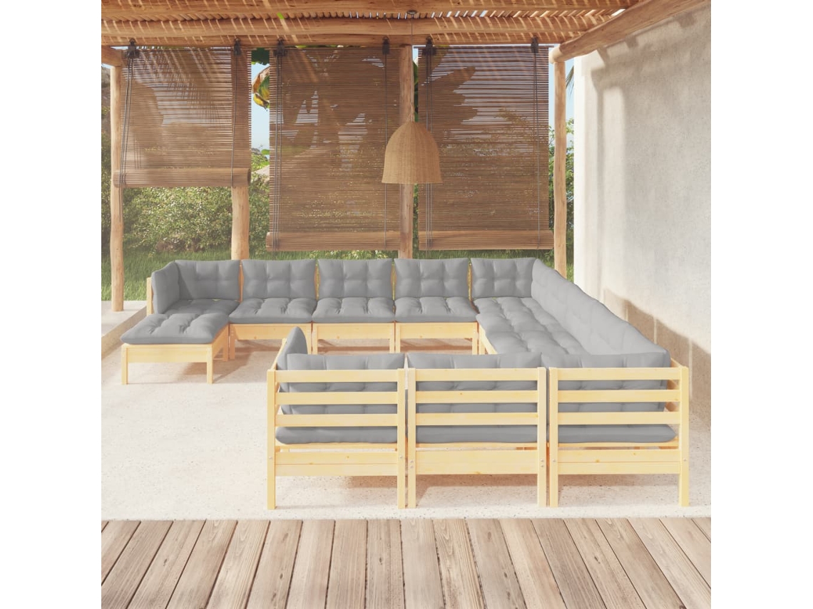 Vidaxl 12 Pcs Conjunto Lounge De Jardim C/ Almofadões Cinza Pinho