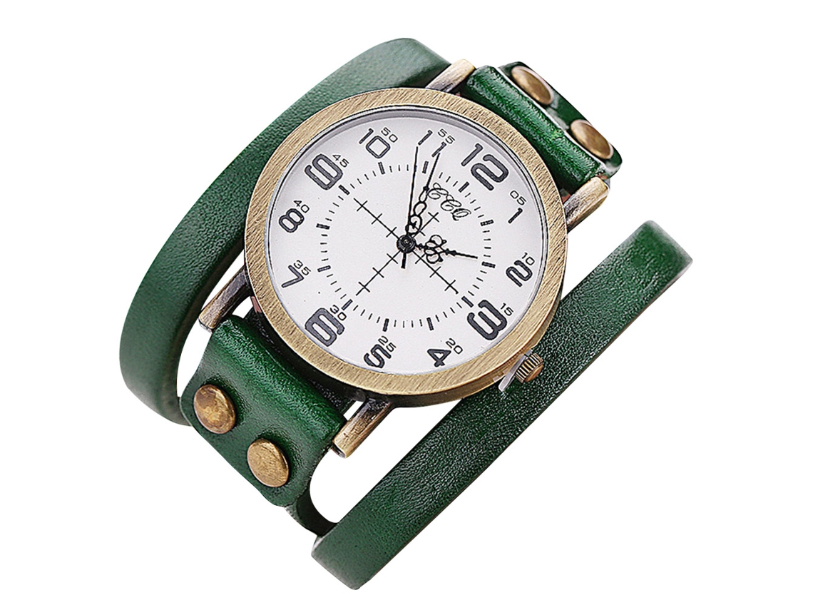 Relógio de quartzo unissex com pulseira vintage em couro PU CCQ (verde)