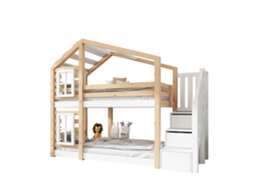 Beliche Infantil Casa na Árvore 90x200 Cm com Janela, espaço de Armazenamento, proteção Contra Quedas, cores Natural e Branca PAPRIKA