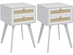 Mesinhas de Cabeceira Mdf, Melamina de Madeira e Vime Cor Branco 40x40x60 cm Homcom