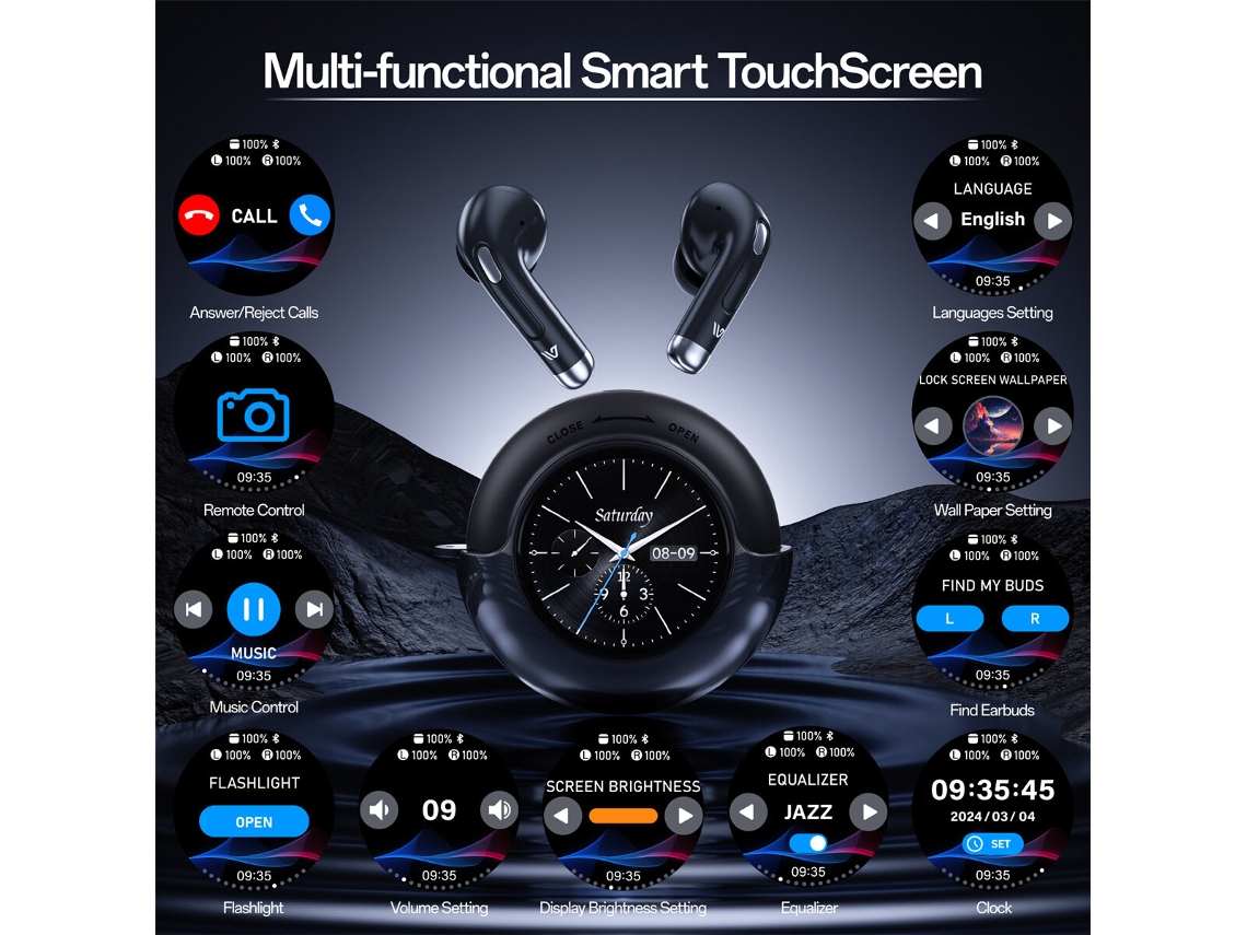Auscultadores Bluetooth Weofly Lifefits Com Deteção Tátil Ecrã Led De 1,28 Polegadas, Drivers Dinâmicos De 13 Mm, Som Hd, Reprodução De 25 Horas, Auscultador