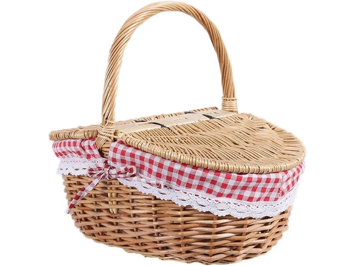 Cesta De Piquenique Rústica Em Vime Com Tampa, Alça E Forros Para Piqueniques, Festas E Churrascos. Gokoco