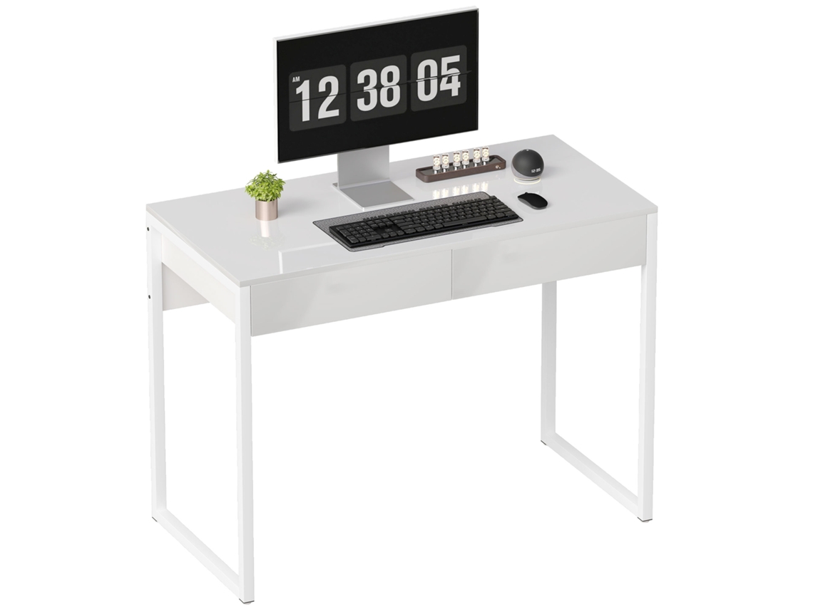 Escrivaninha Moderna Com 2 Gavetas E Pés De Aço, 100x50x75 Cm, Branco Brilhante
