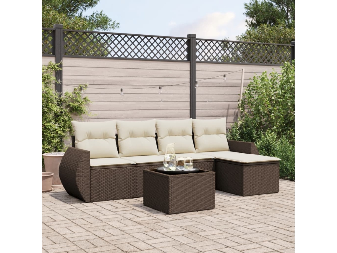 6 Pcs Conjunto De Sofá Jardim C/ Almofadões Vime Pe Marrom Dkd Home Decor