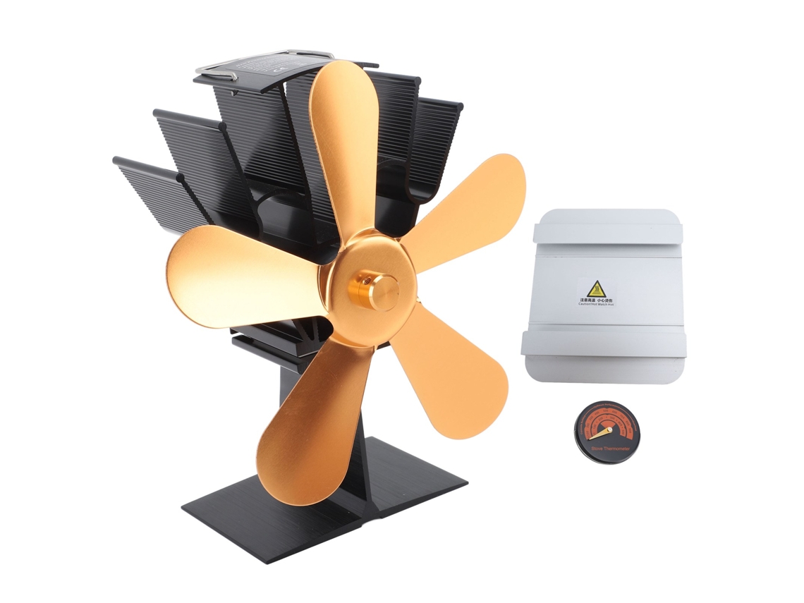 Ventilador Estufa Madeira Calor 5 Lâminas Dourado Termômetro