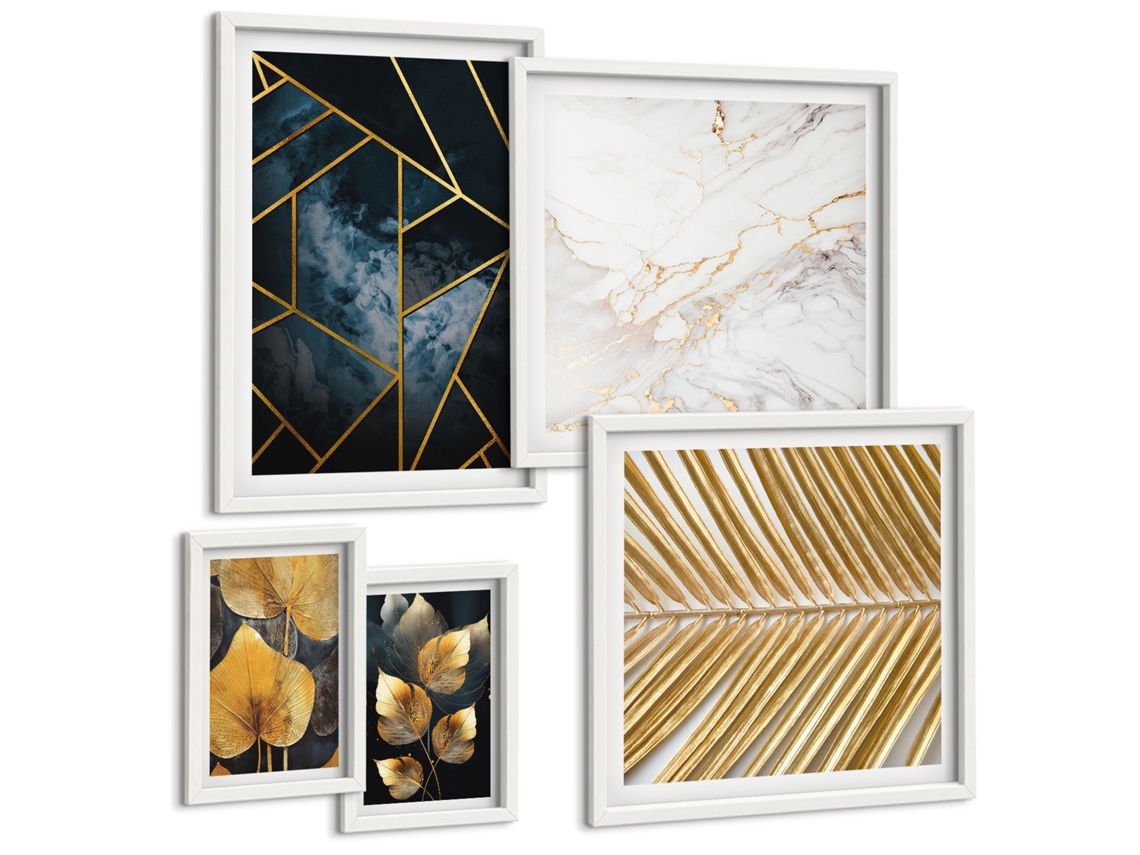 Conjunto De Pinturas Padrões Geométricos E Vegetação Moldura Branca Fotos Para O Escritório Espelharte (conjunto De 5 Imagens)