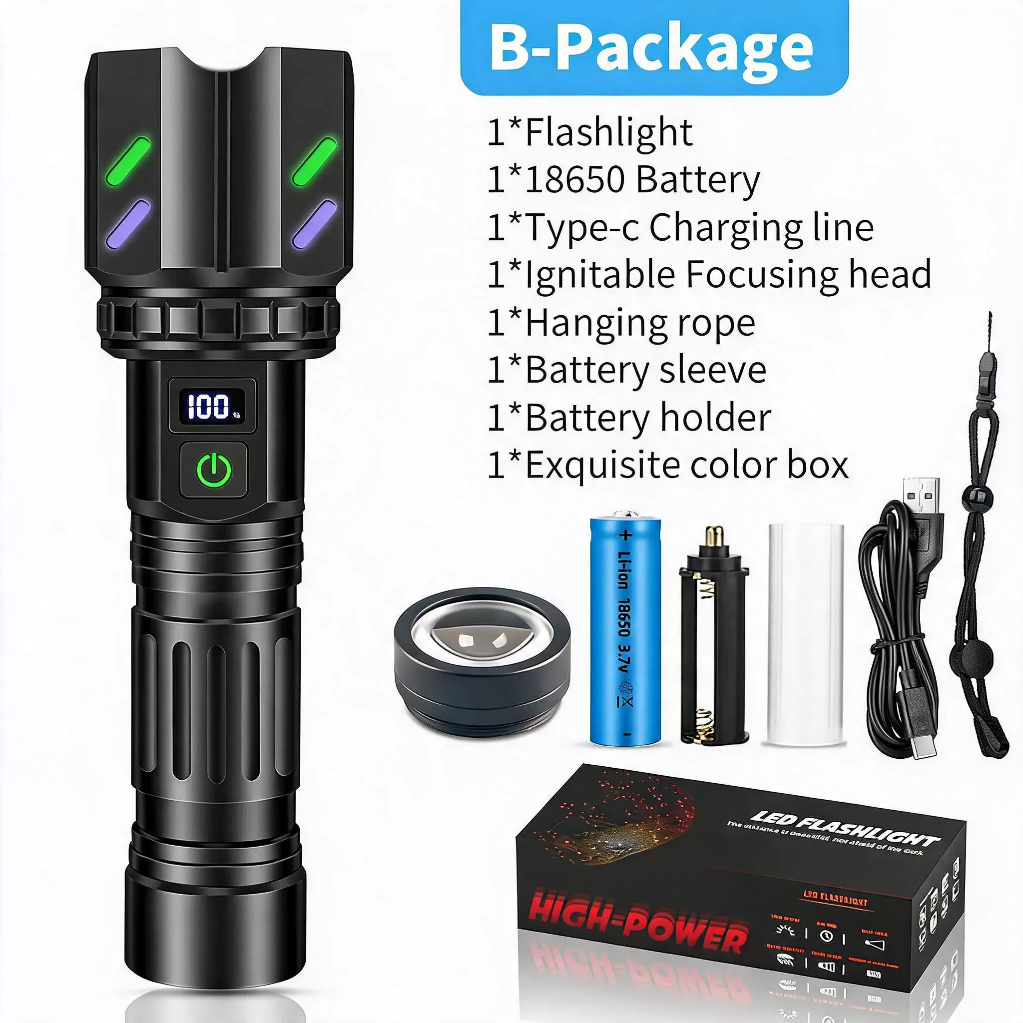 Lanterna Led Recarregável, 5 Modos, Compacta, À Prova De Água, Zoom（pacote B） Czhhmart