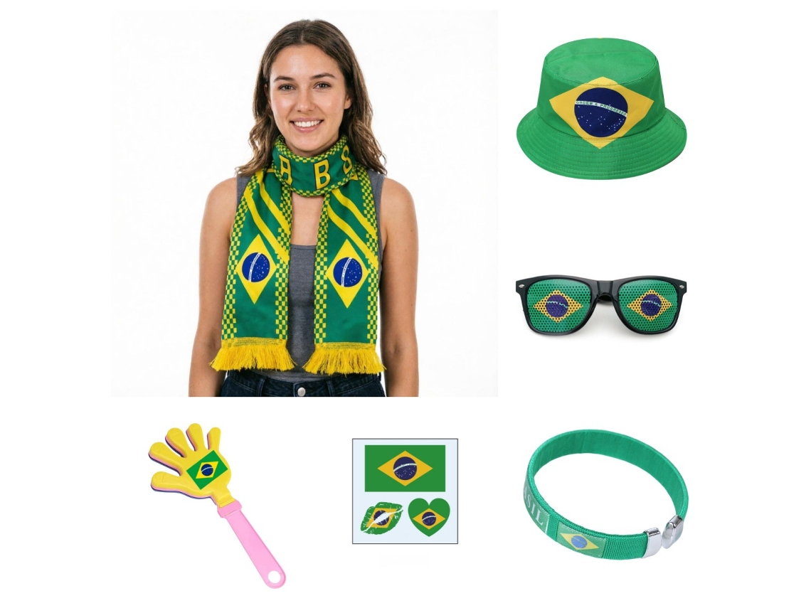 Kit Acessórios Bandeira Brasil Copa do Mundo 2026, Cachecol Chapéu Óculos Pulseira Adereços Adepto Seleção Brasileira Premium STELASPLEN