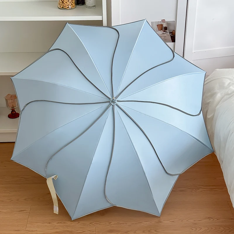 Guarda-chuva Automático Estilo Coreano Com Cabo Longo Em Formato De Pétala (azul Celeste 8k), Para Proteção Contra Sol E Chuva