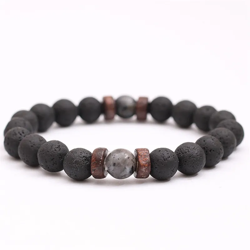 Pulseira de Contas de Pedra Vulcânica Natural com Contas de Madeira e Pingente Preto. MDUG (preta, 21cm)