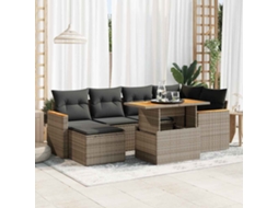 Vidaxl 7 Pcs Conjunto Sofás Jardim Almofadões Vime Pe/acácia Cinzento