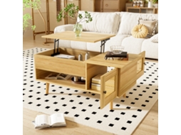 Elegante Mesa De Centro Com Tampo Elevatório E Portas Em Rattan, Na Cor Madeira Com Detalhes Em Preto, Ideal Para A Sala De Estar BAGOLY