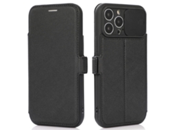 Capa Câmara Deslizante Para Iphone 14 Pro Pele Sintética Com Porta-cartões Preto