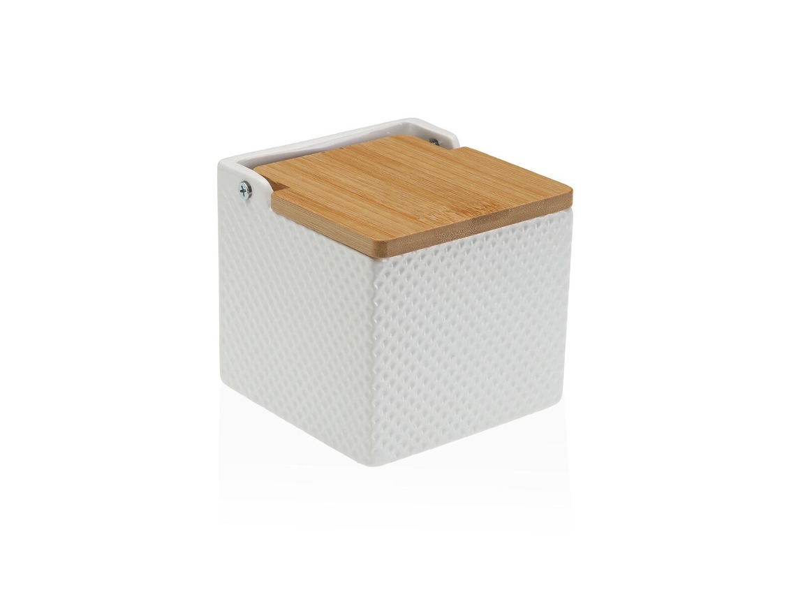Saleiro Com Tampa Versa Branco Cerâmica Bambu Dolomite 11 X 11 X 11 Cm