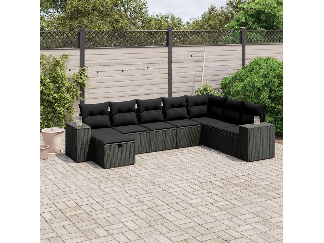 Vidaxl 8 Pcs Conjunto Sofás De Jardim Com Almofadões Vime Pe Preto