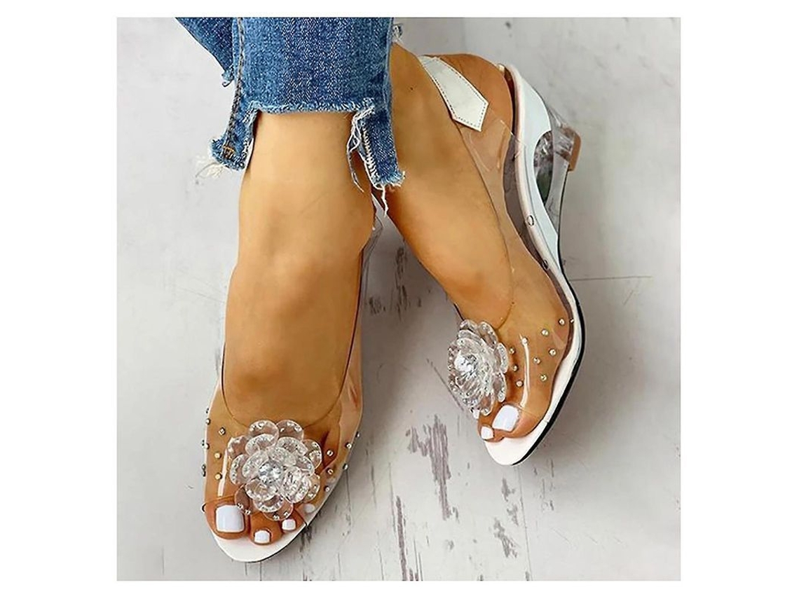 Sandálias de salto wedge transparentes com flores e strass para mulheres verão praia festa Amarelo | S/MARCA
