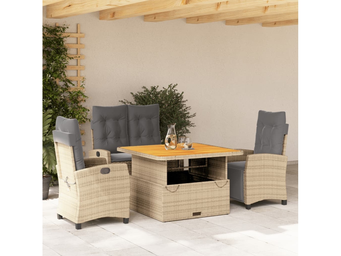 Vidaxl 4 Pcs Conjunto De Jantar P/ Jardim C/ Almofadões Vime Pe Bege