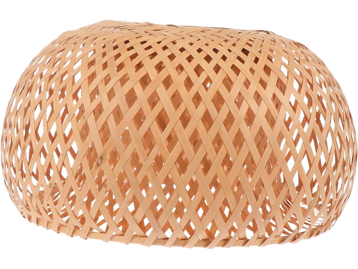 Luminária De Teto Redonda Em Bambu Trançado Na Cor Cáqui, Com Design Elegante De Camada Dupla, Ideal Para Restaurantes E Outros Estabelecimentos.