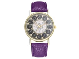 Relógio de pulso clássico analógico de quartzo com pulseira de PU para mulheres e homens (roxo)