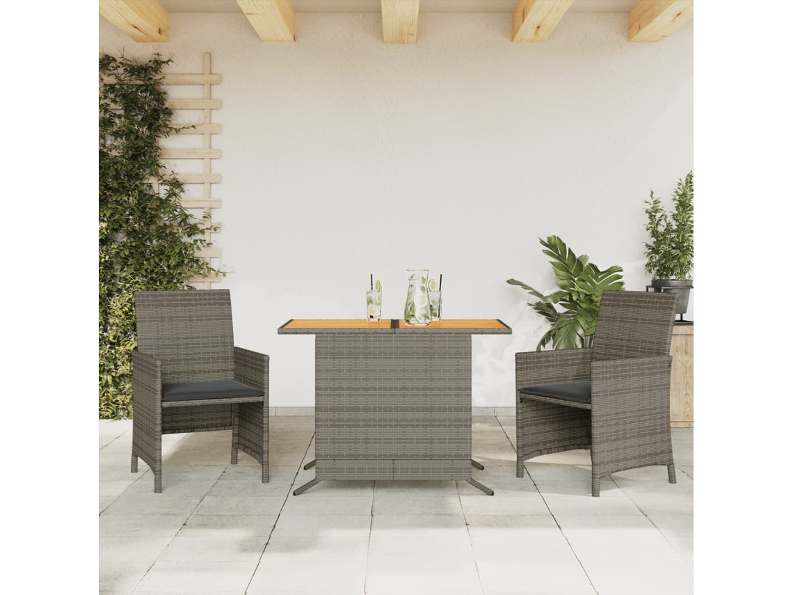 Vidaxl 3 Pcs Conjunto Bistrô Com Almofadões Vime Pe Cinza
