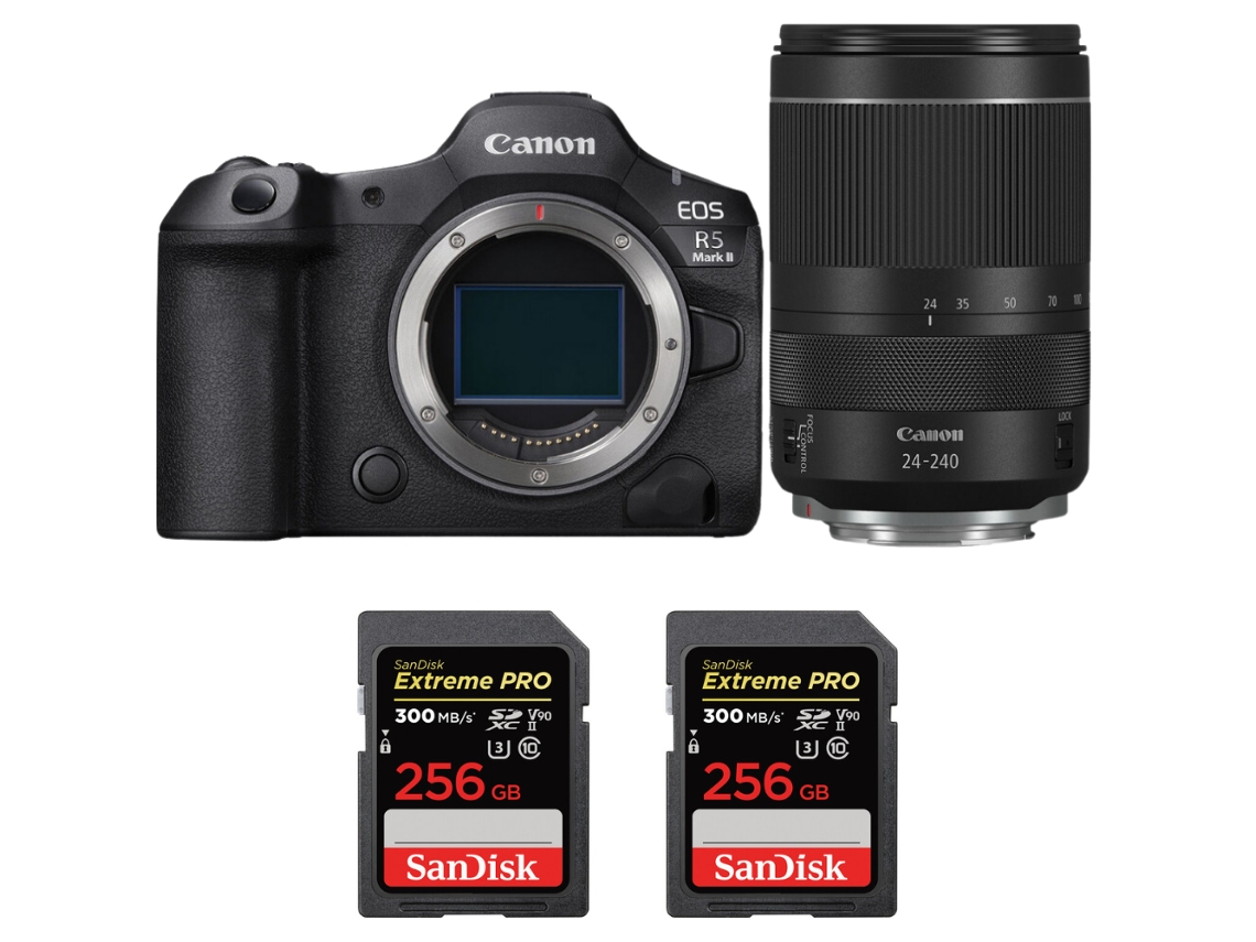 Eos R5 Mark Ii + Rf 24 240mm F/4 6.3 Is Usm + 2 Sandisk 256gb Uhs ii 300mb/s + Ebook “20 Dicas para Fotos Que Impressionam” CANON