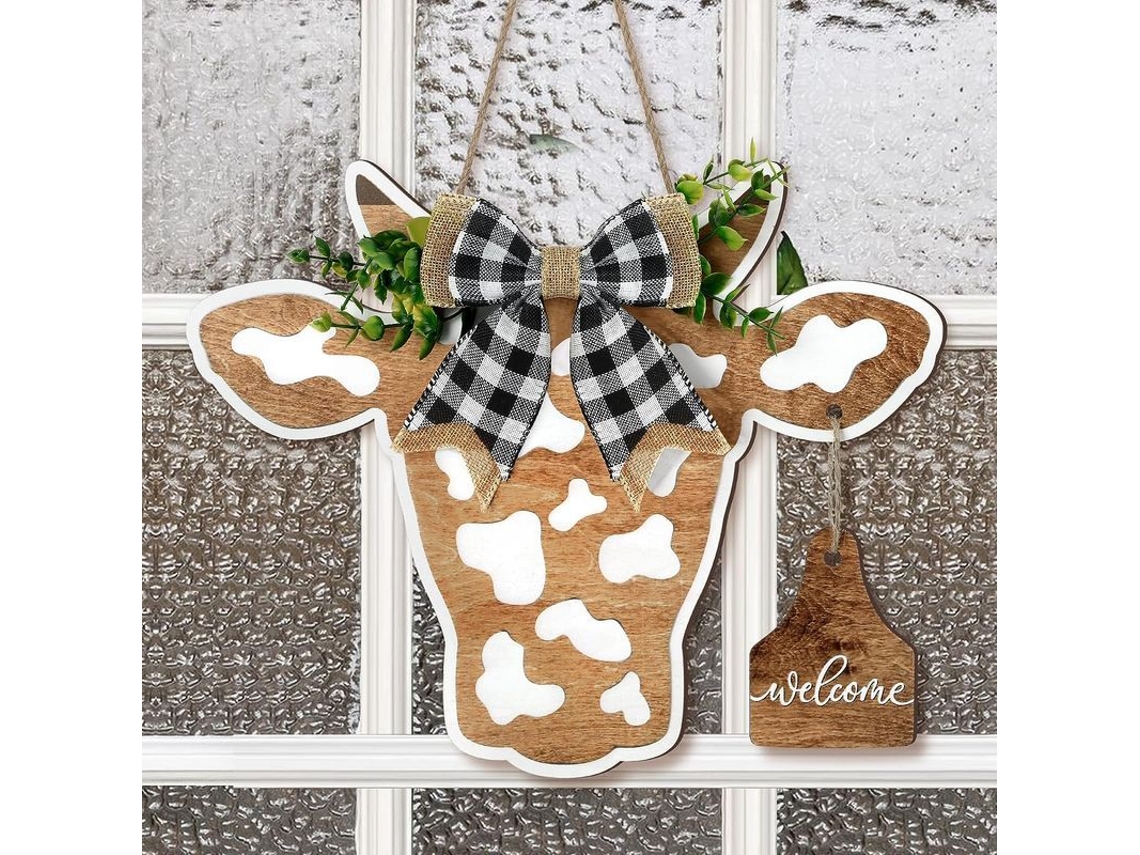 2026 adorno Puerta Bienvenida Cabeza Vaca Madera Rústica Bow Plaid Hojas Decoración Hogar Exterior Interior 13.4x11 Polegadas