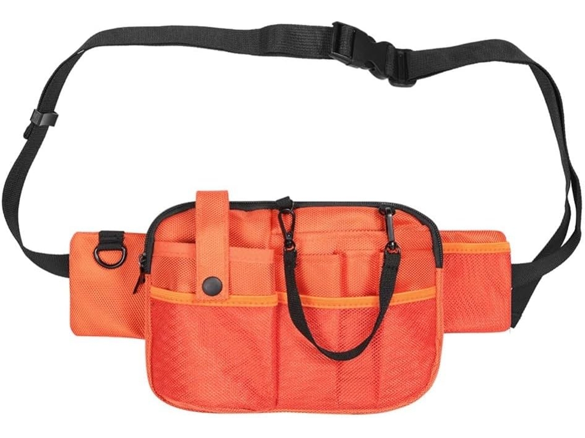 Bolsa impermeável e ajustável com diversos compartimentos, amplo espaço para organização, ideal para profissionais de saúde e segurança.
