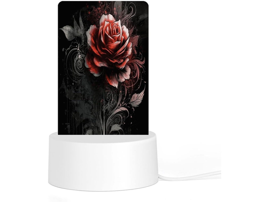Luminária noturna de acrílico com LED e base de plástico encaixável, com estampa de rosa plana, ideal para quarto.