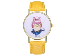 Relógio de pulso analógico de quartzo amarelo com mostrador redondo e pulseira de liga metálica, ideal para casais.