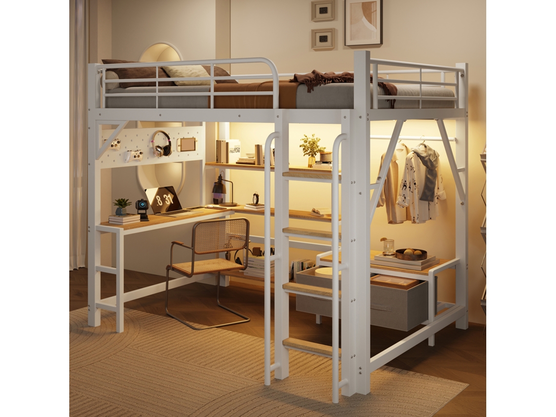 Cama Alta Em Metal E Mdf Branco 140x200 Cm