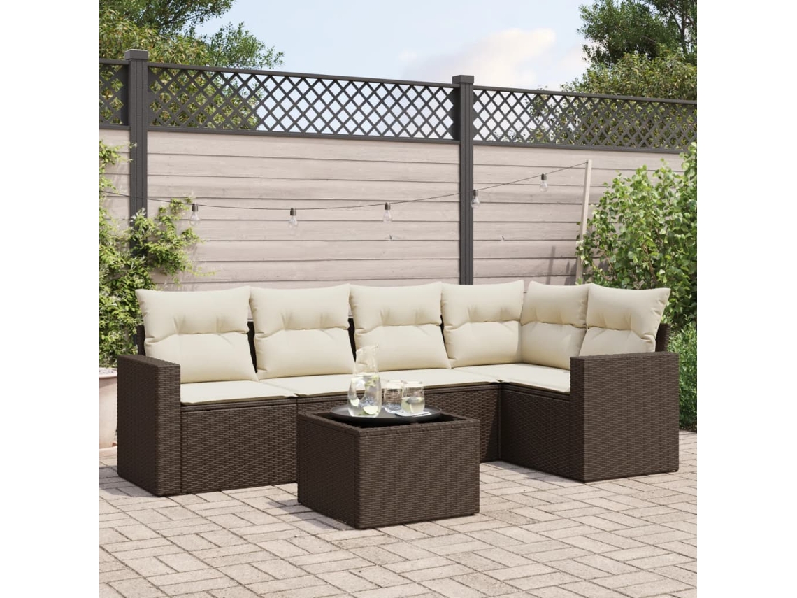 Vidaxl 6 Pcs Conjunto De Sofás Jardim C/ Almofadões Vime Pe Castanho